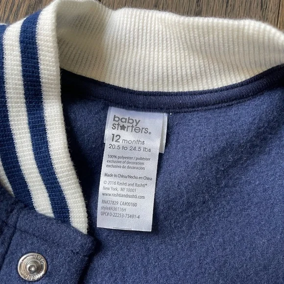 NWT Baby Starters Sock Monkey Fleece Navy Varsity Jacket | Size 12M - Picture 4 of 5